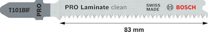 Sticksågblad märkt "T101BIF PRO", "PRO Laminate clean", "SWISS MADE", "BOSCH", längd 83 mm.