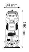 Illustration av Bosch GKF 600 Professional med måtten 94 mm bredd och 190 mm höjd.