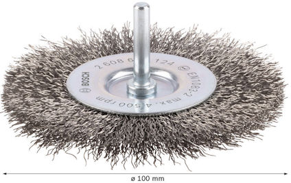 Rund stålborste med centrumhållare och Bosch-logotyp, diameter 100 mm.