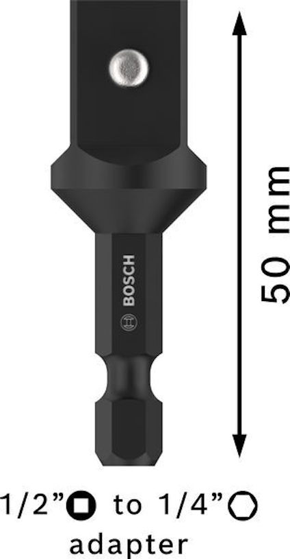 Adapter för 1/2-tums fyrkant till 1/4-tums sexkant, längd 50 mm, märkt "Bosch".
