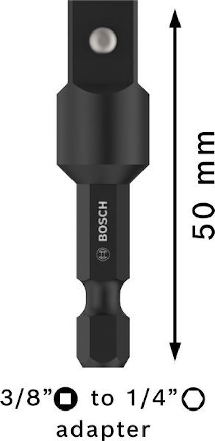 Adapter förlängare 50 mm, svart, med Bosch-logotyp. Text: "3/8” till 1/4” adapter". Pil som visar längd.