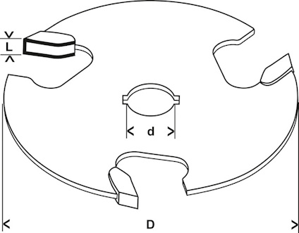 Illustration av en rund skiva med urtag och dimensionerna markerade: D, d, L, V.