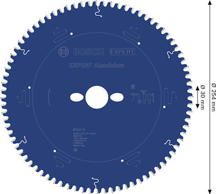 Blå cirkelsågsklinga med Bosch-logo och text "EXPERT Aluminium" samt mätningar 250 mm och 30 mm anges.