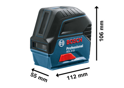 Laserpass Bosch GCL 2-15 med måtten 112 mm x 55 mm x 106 mm och text "Bosch Professional GCL 2-15".