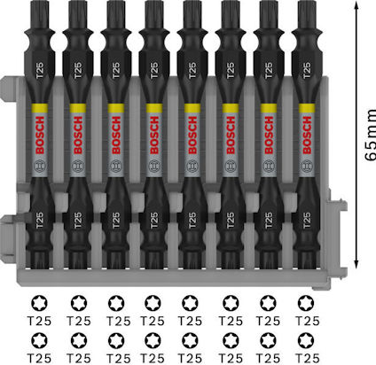 Skruvbits med text "T25" och "BOSCH" i en hållare, längdmarkering 65 mm, och T25-symboler nedanför.