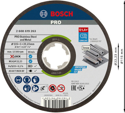 Kapskiva för metall och rostfritt stål, 115 x 1 x 22,23 mm, max 13,300 rpm, Bosch Pro.