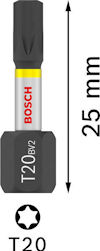 Torx-bit T20 från Bosch, längd 25 mm, svarta markeringar och tydlig text "T20 BV2", pil och text "25 mm".