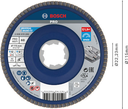 Rundt slipverktyg från Bosch, diametern är 115 mm, med specifikationer och logotyper.