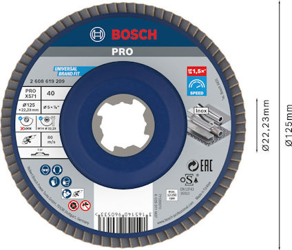 Slipskiva Bosch PRO, diameter 125 mm, hål 22.23 mm, max 13300 RPM, P40, för metall och Inox.