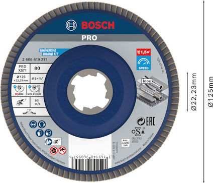 Slipskiva från Bosch, PRO-serien, Ø125 mm, blå och grå med produktinformation och symboler.