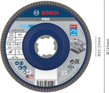 Blått sliprondell med Bosch-logotyp och specifikationer. Ø125mm, Ø22,23mm, PRO X571, 120 grit.
