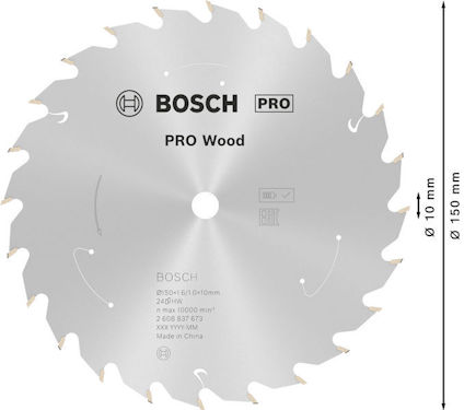 Rundsågblad med text: "BOSCH PRO Wood, Ø150 mm, 60T, max 8000 1/min, Made in China".