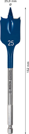 Blå spadeborr med storlek 25 mm markerad, längd 152 mm. Bosch Professional logotyp synlig på skaftet.