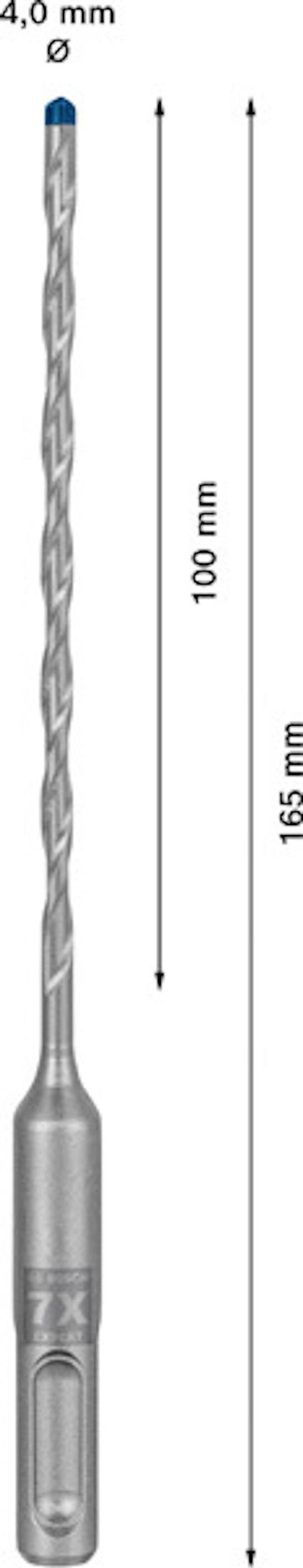 Borr med långt skaft, märkning "7X" och mått: 4,0 mm diameter, 100 mm arbetslängd, 165 mm total längd.