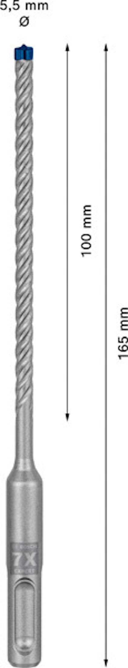 Borrspets med spiraldesign, mätlinjer visar 5,5 mm diameter och totallängd 165 mm, arbetslängd 100 mm.