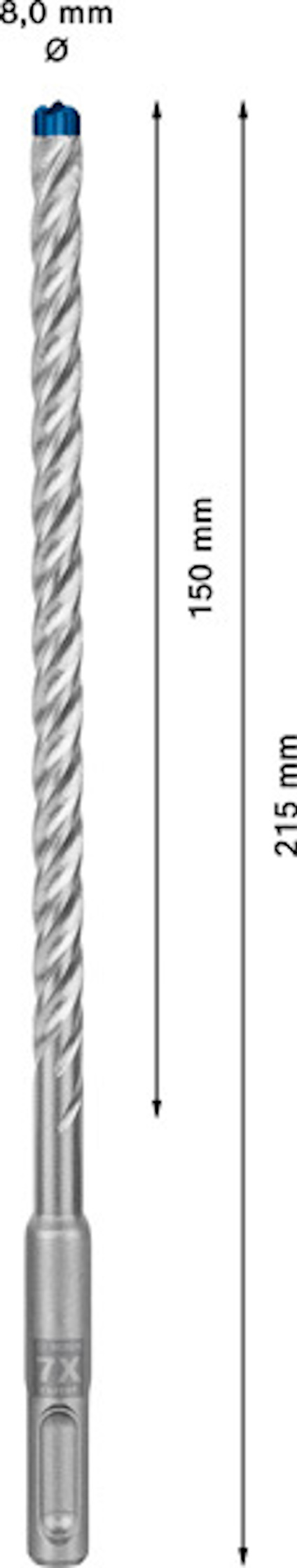 Borr med spiralformad design, längd 215 mm, arbetslängd 150 mm, och diameter 8,0 mm, med text och pilar.