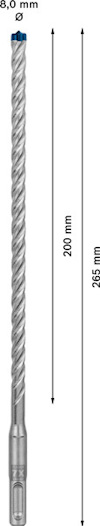 Metallborr med spiraldesign, längdmarkeringar: 200 mm och totalt 265 mm, diameter: 8,0 mm.