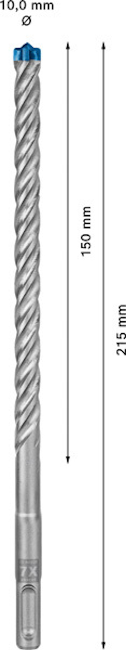 Metallisk borr med spiraldesign, text: "10,0 mm", "150 mm", "215 mm". Pilen visar längdskala.