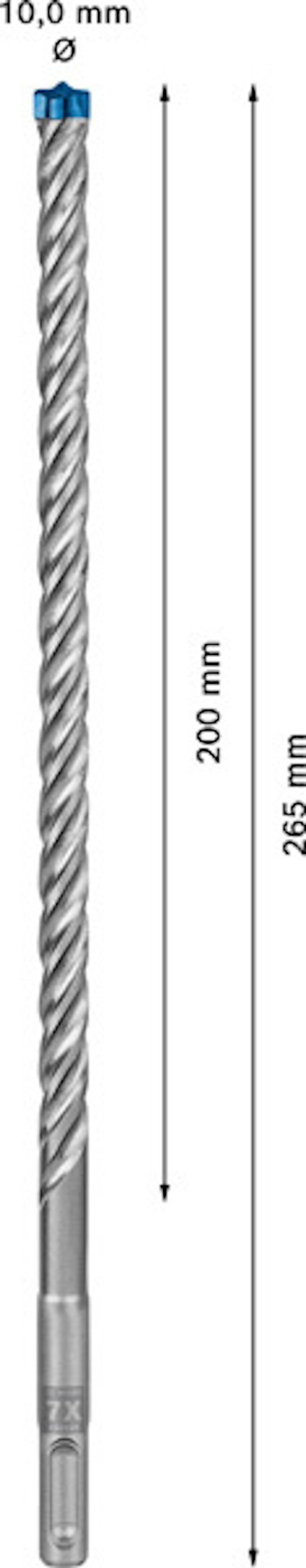 Borr med spiraldesign och måttangivelse: Ø 10,0 mm, längd 200 mm, total längd 265 mm.