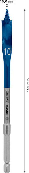 Blått borr med spetsig spets, märkning "10" och "BOSCH EXPERT", längd 152 mm, bredd 10 mm.