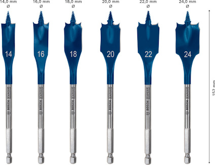 Sex borrbits med olika diameter: 14,0 mm, 16,0 mm, 18,0 mm, 20,0 mm, 22,0 mm, 24,0 mm, längd 152 mm.