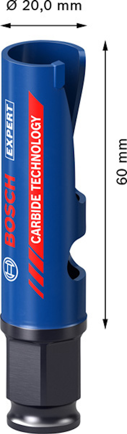 Blå hålsåg med texten "BOSCH EXPERT CARBIDE TECHNOLOGY" och dimensionerna Ø 20,0 mm och 60 mm.