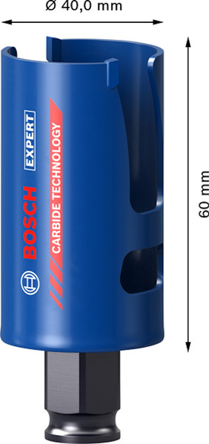 Borrkrona Bosch Expert med hårdmetallteknologi, mått 40,0 mm x 60 mm.