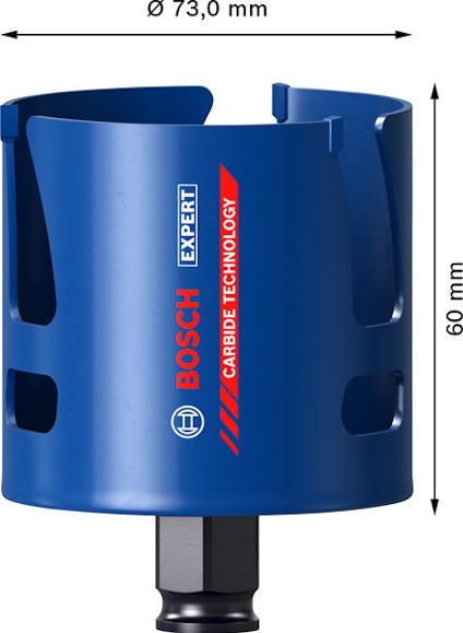 En blå hålsåg med märkning "Bosch Expert Carbide Technology", 73 mm i diameter, 60 mm höjd.