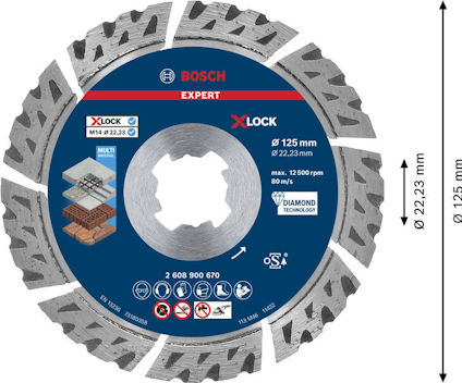 Diamantkapskiva från Bosch Expert, 125 mm diameter, för X-Lock-systemet, med teknologier: Diamond Technology och Multi-Material.