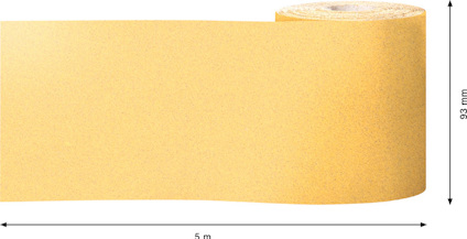 Rullad sandpapper, 5 meter långt och 93 mm brett, med gul yta.