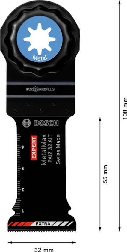 Multiverktygsblad, Bosch Expert MetalMax, 108 mm längd, 32 mm bredd, för metallskärning, text "Swiss Made".