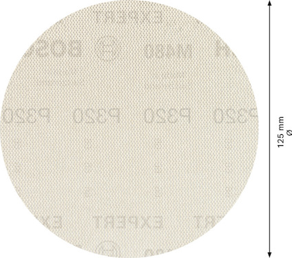 Rund sandpapperskiva med P320-nummer och subtila mönster. Pilar visar en höjd på 125 mm.