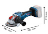 Vinkelslip från Bosch med överliggande batteri. Mått: 265 mm, 330 mm, 119 mm.