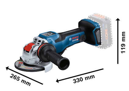 Vinkelslip från Bosch med överliggande batteri. Mått: 265 mm, 330 mm, 119 mm.