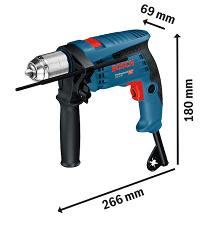 Elborrmaskin med handtag, märke Bosch, mått: 266 mm längd, 180 mm höjd, 69 mm bredd, i svart och blå färg.