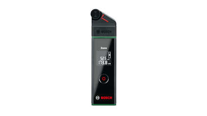 Laseravståndsmätare av märket Bosch med digital display som visar mätvärdena 3.25 m och 17.89 m.
