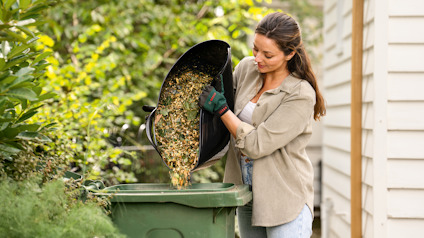 Person tömmer trädgårdsavfall från en skottkärra i en grön soptunna utomhus.