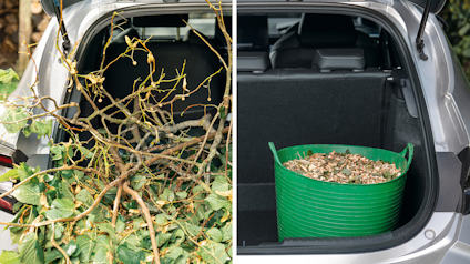 Tvådelad bild: Vänster sida en bilbagage fylld med löv och grenar; höger sida en grön korg med flis.