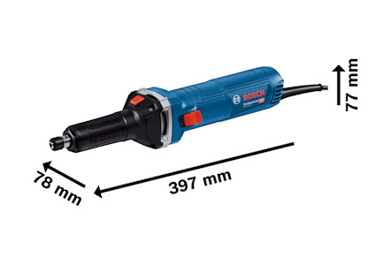 Blå Bosch slipmaskin med dimensioner: 397 mm lång, 78 mm hög, 77 mm bred.