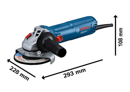 Vinkelslip med Bosch-logotyp, svarta handtag och elektrisk sladd, med måttangivelser: 228 mm, 293 mm, 108 mm.