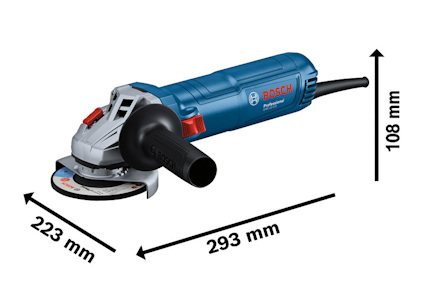 Vinkelslip från Bosch med blått hölje och svarta detaljer. Måttangivelser: 293 mm längd, 108 mm höjd, 223 mm bredd.