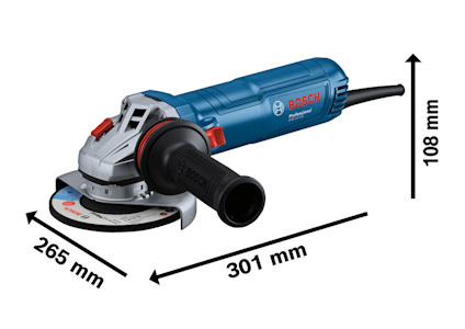 Vinkelslip med Bosch-logotyp, blå och svart med röd detalj, mått: 265 mm x 301 mm x 106 mm.