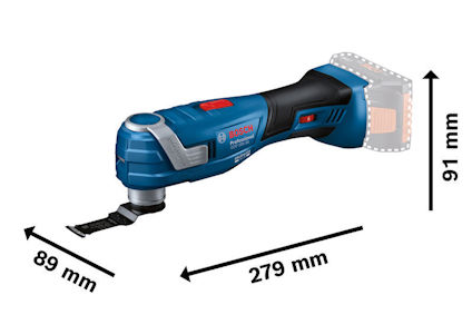 Multiverktyg i blått med svarta detaljer från Bosch, längd 279 mm, bredd 89 mm, höjd 91 mm, saknar batteri.