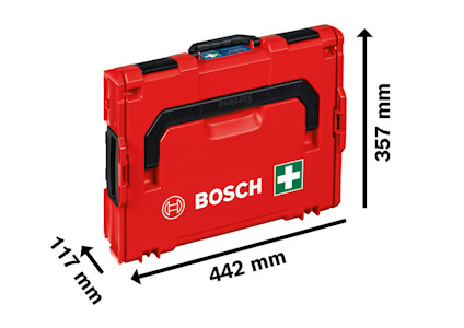 Röd Bosch verktygslåda med vit logotyp och grönt första hjälpen-kors, mått: 442x117x357 mm.