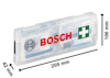 Transparent första hjälpen-låda med Bosch-logotyp och mått 259x106x42 mm.