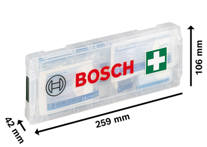 Transparent första hjälpen-låda med Bosch-logotyp och mått 259x106x42 mm.