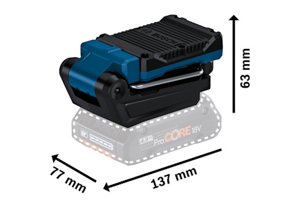 Svart och blå batterihållare med måtten 137 mm x 63 mm x 77 mm, batteriillustration transparent.