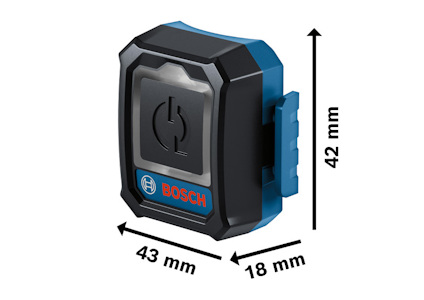 En blå och svart Bosch-enhet med mått 43 mm x 42 mm x 18 mm, med en strömsymbol på framsidan.