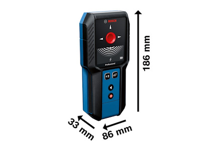 Digital detektor med mått: 186 mm höjd, 86 mm bredd, 33 mm djup, märkt "Bosch".