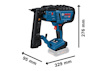 Blå och svart Bosch häftpistol med måtten 95 mm x 329 mm x 276 mm.